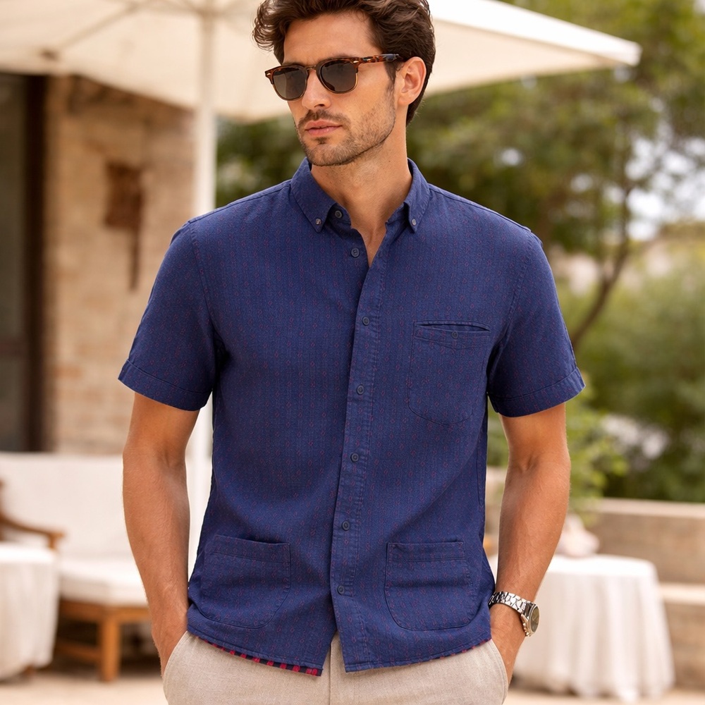 La Paz Navy Short Sleeve Shirt‎ Patch Pockets 100% Cotton size S Smart Casual